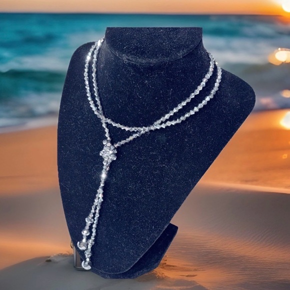 Sparkling Crystal Lariat Necklace Y Drop Silver Tone Faceted Beads - Picture 1 of 16